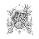 A surreal blackwork tattoo depicting a forest with trees shaped like skulls, representing the harmony between life and death tattoo design idea