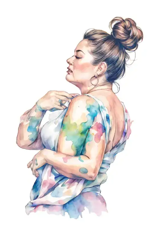 chubby woman with brown hair up in a messy bun dancing tattoo design idea