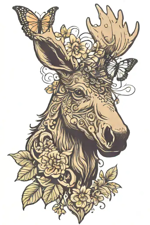 moose head with a butterfly love tattoo design idea