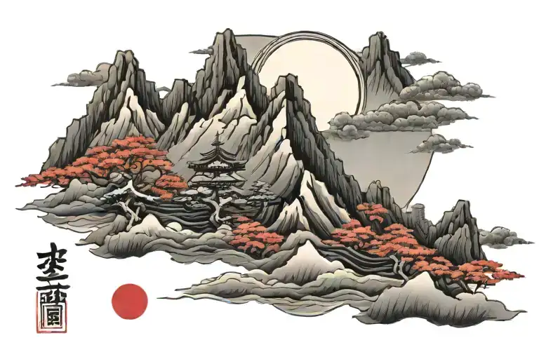 mountains and rising sun setting tattoo design idea