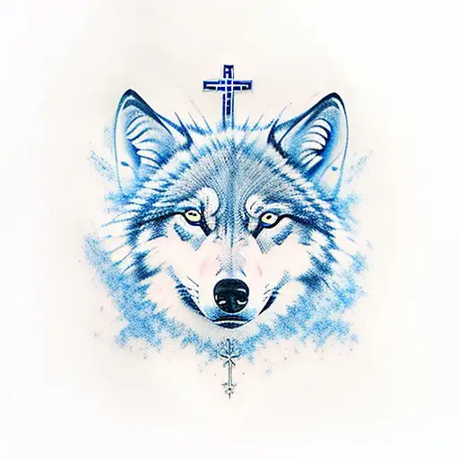 Realism “Blue Christian Cross With Wild Wolf” Tattoo Idea - BlackInk AI