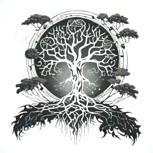 ygggrasil the world tree, in a techno style. underneath, the tree is reflected as a binary tree from programming tattoo design idea