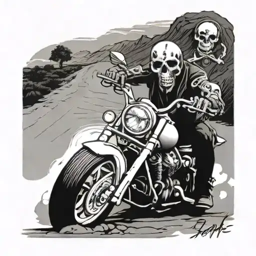 motorcycle sport with San La Muerte at the end of the empty road tattoo design idea