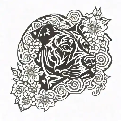 A pitbull surrounded by flowers and love  tattoo design idea