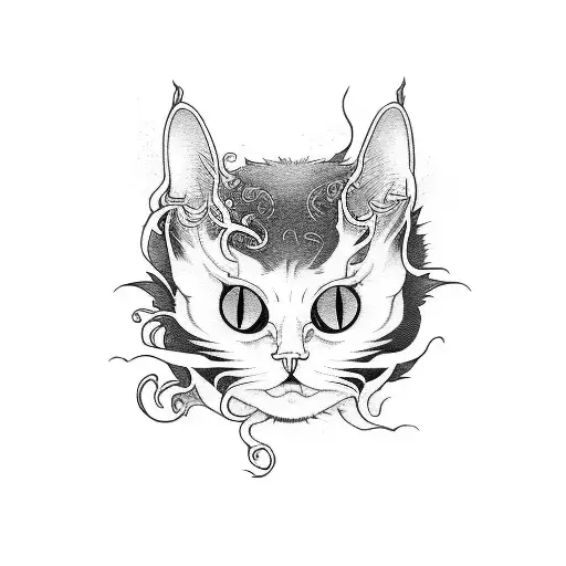 A black cat inspired by eldritch horror and yokai design tattoo design idea