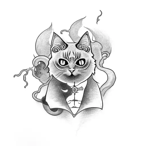 A black cat inspired by eldritch horror and yokai design tattoo design idea