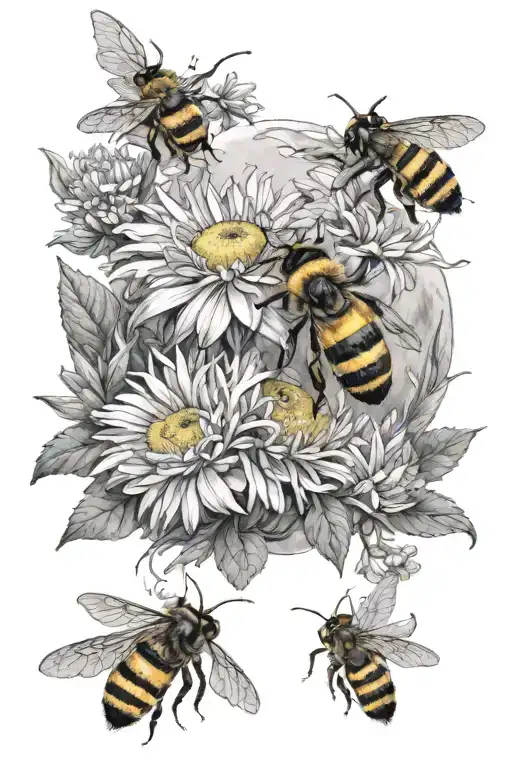wild flowers, bees, moon, ocean, daisys, chrysanthemums  tattoo design idea