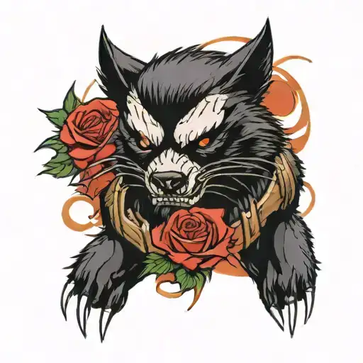 dark wolverine with rose intertwined tattoo design idea