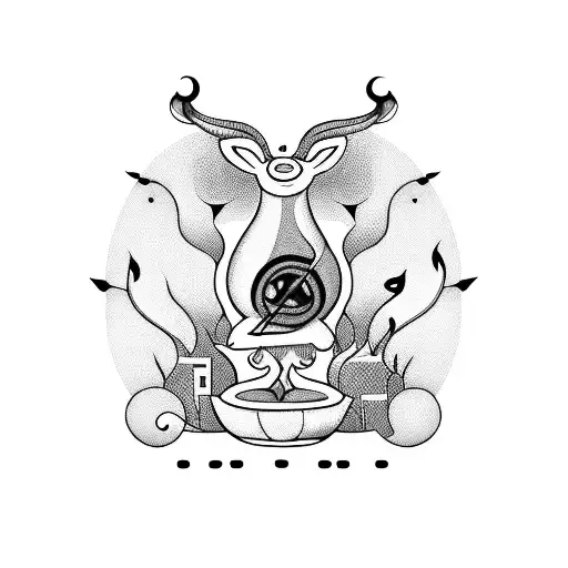 A surrealistic blackwork tattoo of a smoking animal surrounded by music notes tattoo design idea