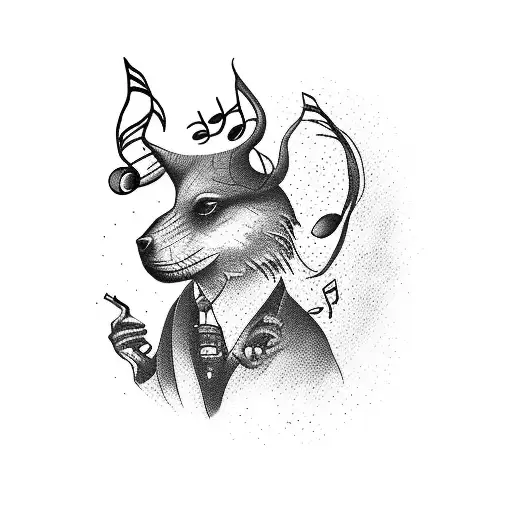 A surrealistic blackwork tattoo of a smoking animal surrounded by music notes tattoo design idea