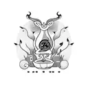 A surrealistic blackwork tattoo of a smoking animal surrounded by music notes tattoo design idea