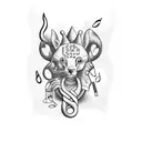 A surrealistic blackwork tattoo of a smoking animal surrounded by music notes tattoo design idea