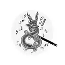 A surrealistic blackwork tattoo of a smoking animal surrounded by music notes tattoo design idea