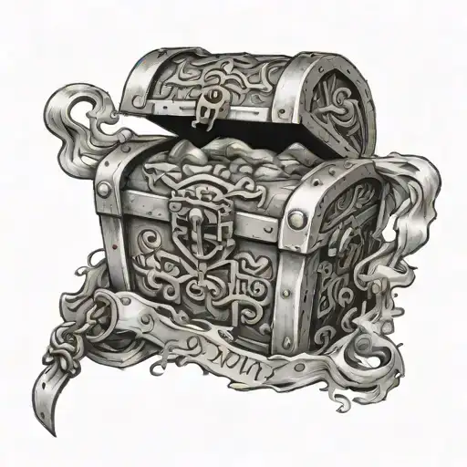 treasure chest embossed with a buckle. "V·III·MCMXLVI" on the left side and "VI·IV·MMXVI" on the right.  tattoo design idea