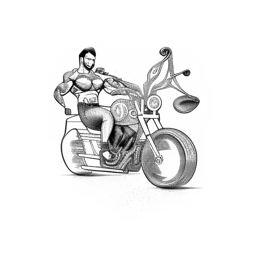 A stylized depiction of a bodybuilder riding a motorcycle, with musical instruments integrated into the background tattoo design idea