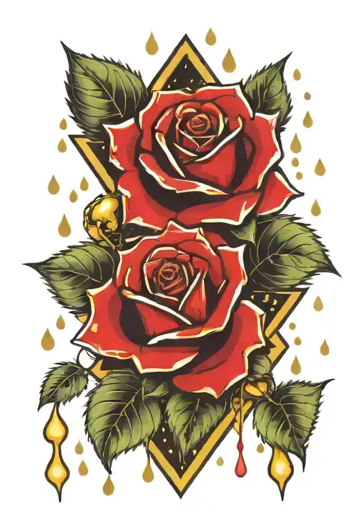 diamonds  red roses glowing gold rain drops  tattoo design idea