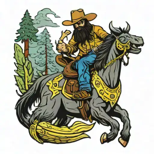 cowboy sasquatch bullriding a banana slug tattoo design idea