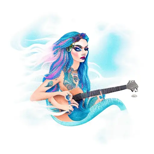 A mystical mermaid with gypsy-inspired tattoos playing a guitar by the sea tattoo design idea