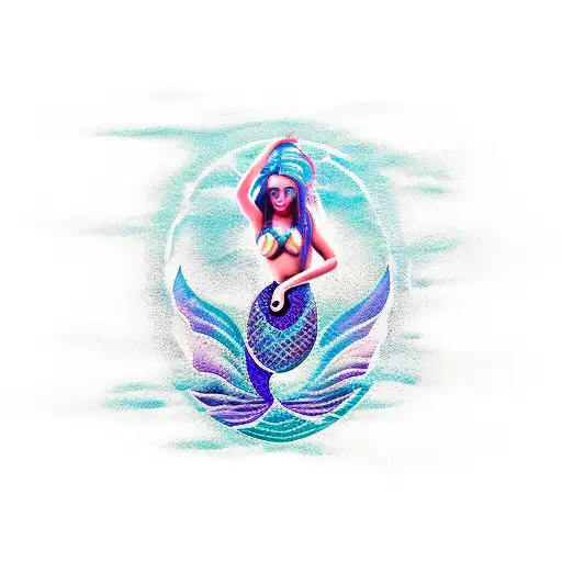 A mystical mermaid with gypsy-inspired tattoos playing a guitar by the sea tattoo design idea