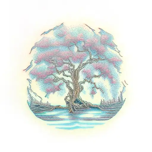 An intricate design of a lone figure sitting under a weeping willow tree, symbolizing solitude and sadness tattoo design idea