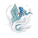 A mystical mermaid with gypsy-inspired tattoos playing a guitar by the sea tattoo design idea