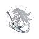A mystical mermaid with gypsy-inspired tattoos playing a guitar by the sea tattoo design idea