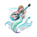 A mystical mermaid with gypsy-inspired tattoos playing a guitar by the sea tattoo design idea