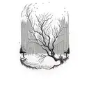 An intricate design of a lone figure sitting under a weeping willow tree, symbolizing solitude and sadness tattoo design idea