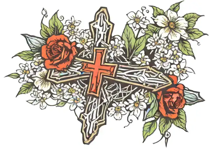 barb wire loosely wrapped around arm, with a cross, and wildflowers tattoo design idea