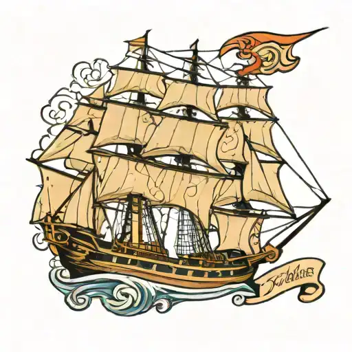 clipper ship with a 5 on the sail, a text banner that reads "unsinkable"  tattoo design idea