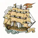 clipper ship with a 5 on the sail, a text banner that reads "unsinkable"  tattoo design idea