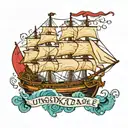 clipper ship with a 5 on the sail, a text banner that reads "unsinkable"  tattoo design idea