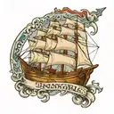 clipper ship with a 5 on the sail, a text banner that reads "unsinkable"  tattoo design idea