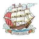 clipper ship with a 5 on the sail, a text banner that reads "unsinkable"  tattoo design idea