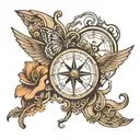 A compass integrated into the dove’s body, musical notes flowing from the wings, a butterfly near the dove, and tattoo design idea