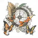 A compass integrated into the dove’s body, musical notes flowing from the wings, a butterfly near the dove, and tattoo design idea