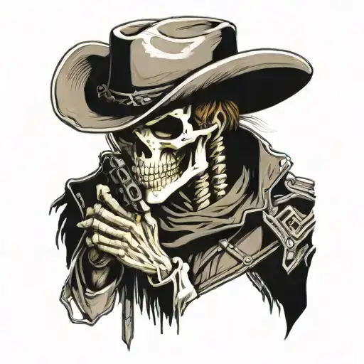 skeleton cowboy head down about to draw gun  tattoo design idea