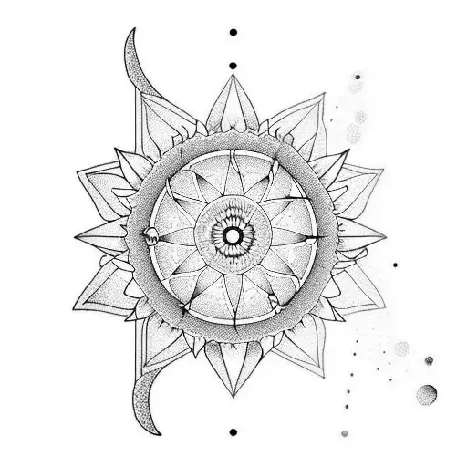 line minimalist geometric sleeve tattoo with sunflower, butterfly, serotonin, arrow, compass, jellyfish, sea, moon, and  tattoo design idea