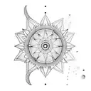 line minimalist geometric sleeve tattoo with sunflower, butterfly, serotonin, arrow, compass, jellyfish, sea, moon, and  tattoo design idea