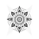 line minimalist geometric sleeve tattoo with sunflower, butterfly, serotonin, arrow, compass, jellyfish, sea, moon, and  tattoo design idea