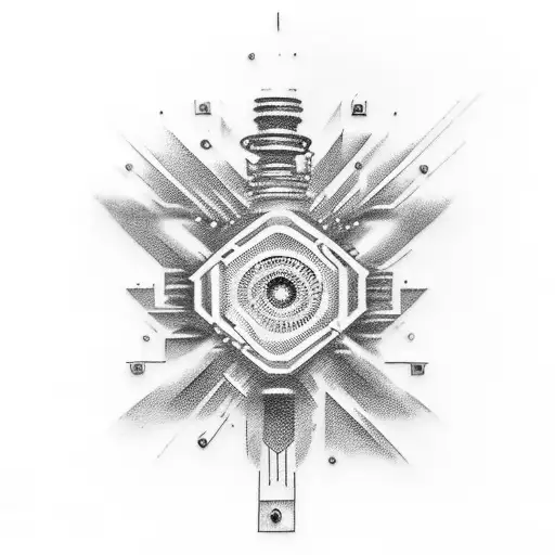 A mesmerizing tattoo depicting an engine block morphing into a futuristic laser gun tattoo design idea