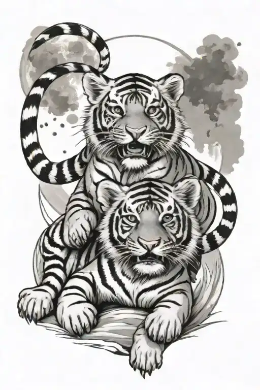 tiger cubs wrestling full moon tattoo design idea