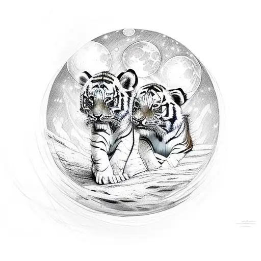 A mystical scene of kids riding tiger cubs under the light of a full moon tattoo design idea