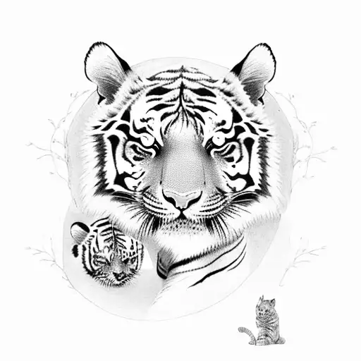 Two tiger cubs playfully wrestling under a full moon tattoo design idea