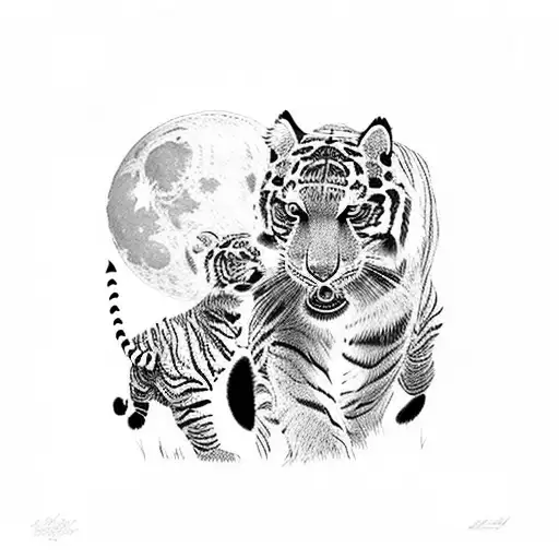 A dotwork design of a full moon with wrestling tiger cubs silhouettes tattoo design idea