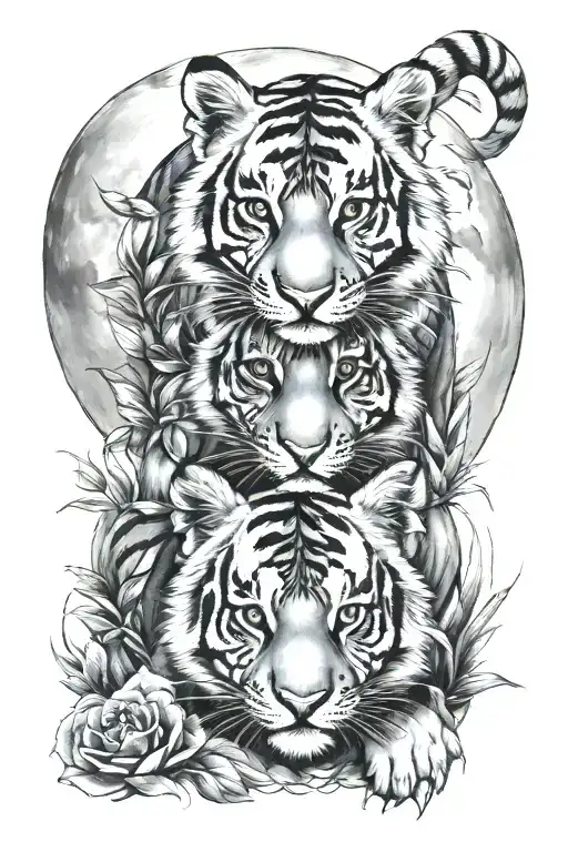 playful tiger cubs full moon tattoo design idea