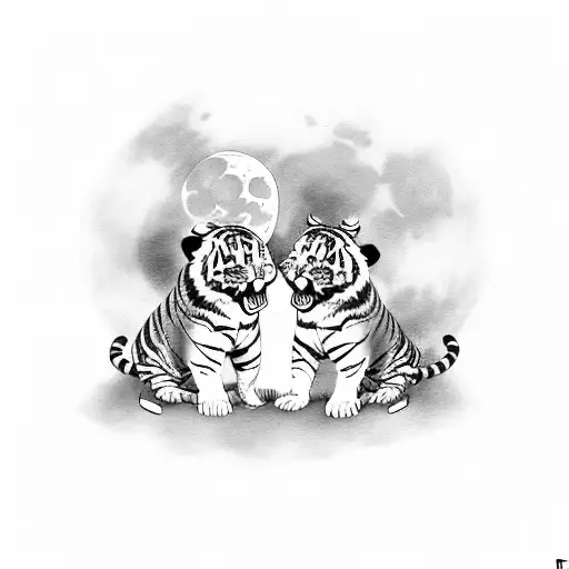 Two  tiger cubs playing under a full moon tattoo design idea