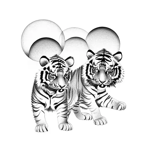 A mystical scene of kids riding tiger cubs under the light of a full moon tattoo design idea