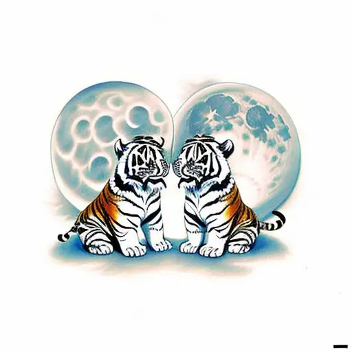 Two  tiger cubs playing under a full moon tattoo design idea