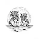 Two  tiger cubs playing under a full moon tattoo design idea